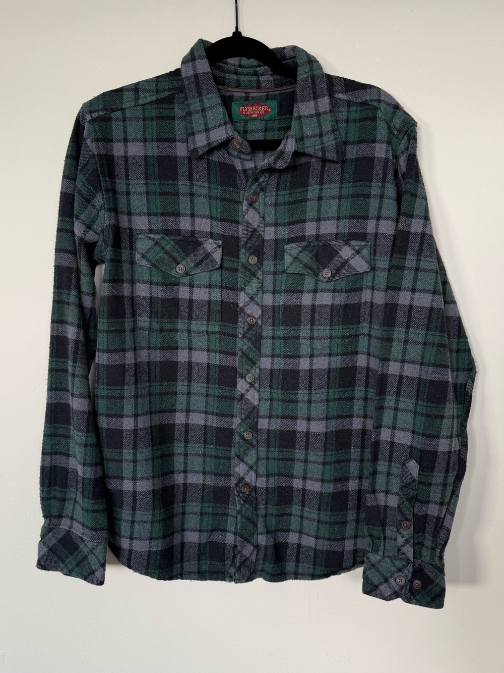 Vintage Flyshacker Men’s Flannel Button Up Grey and Green Casual Shirt Medium